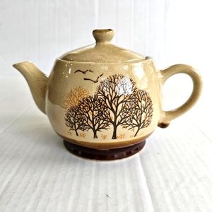 Vintage autumn trees teapot ceramic Taiwan tan brown